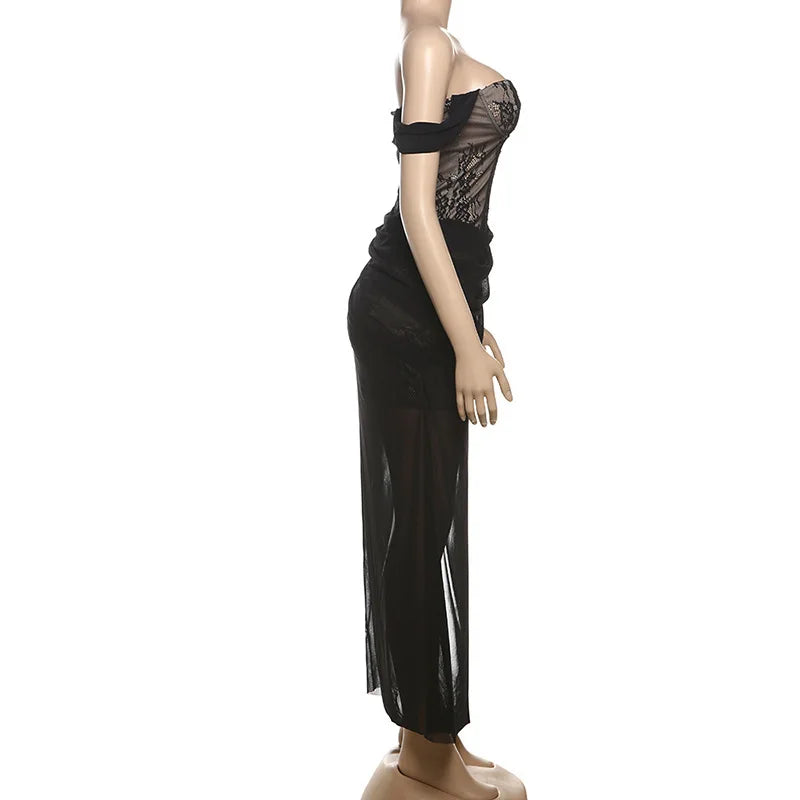 שמלת מקסי תחרה בעיטור שיפון כתפיים חשופות - Elouise