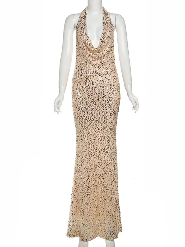 שמלת מקסי בעיטור פייטים גב חשוף צווארון נופל - Arabella