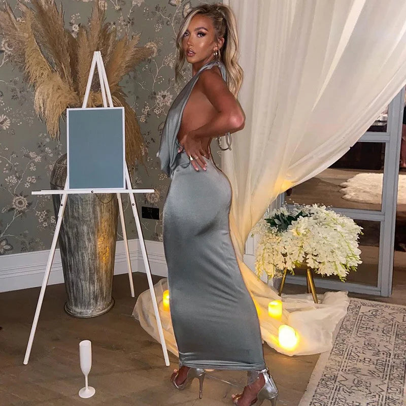 שמלת מקסי סאטן צווארון נופל גב פתוח - HOTIE