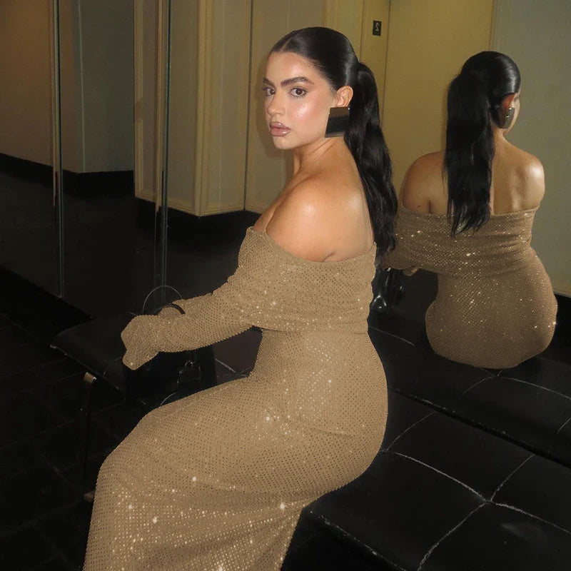 שמלת מקסי כתפיים חשופות בעיטור נקודות מנצנצות - LENA