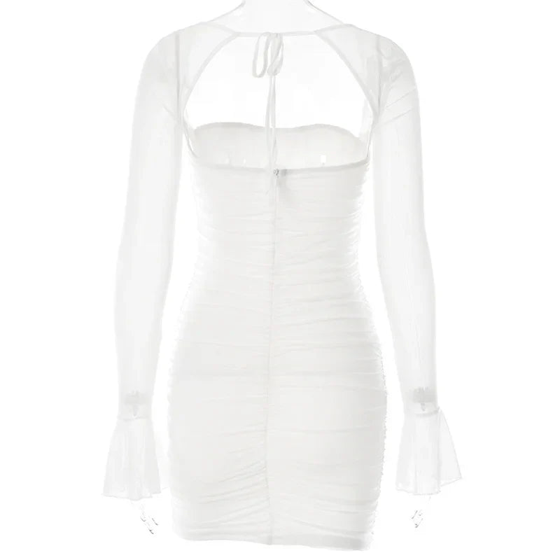 שמלת מיני כיווצים גב פתוח שרוולי רשת - אריאנה