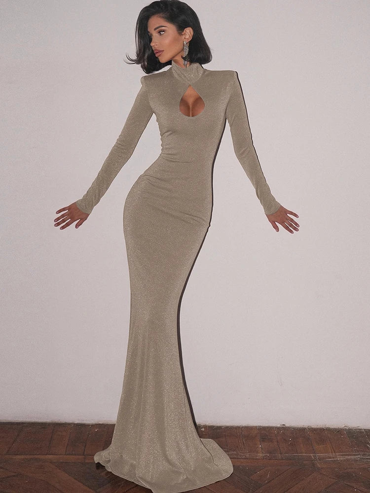 שמלת מקסי נצנצים צווארון גולף בעיטור פתח - Elliana