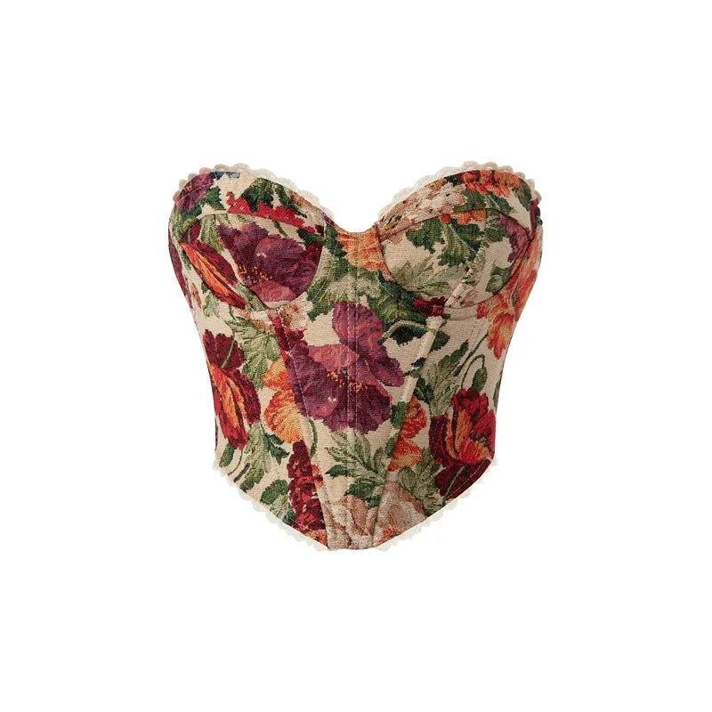 Strapless corset with tie-back in vintage floral design