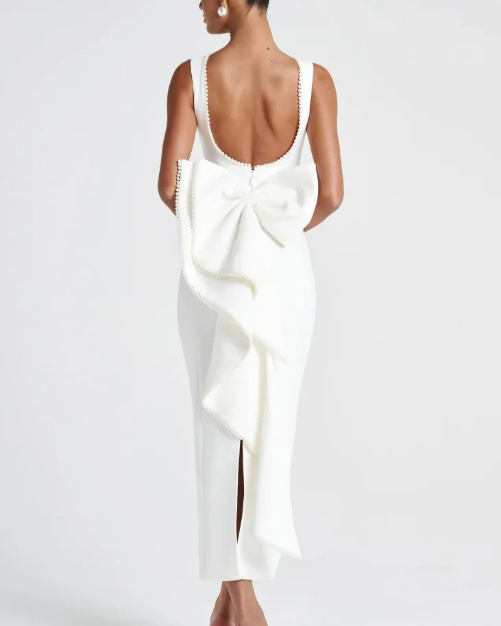 שמלת מקסי בעיצוב אלגנטי יוקרתי בעיטור פפיון ופנינים גב פתוח - קריסטין