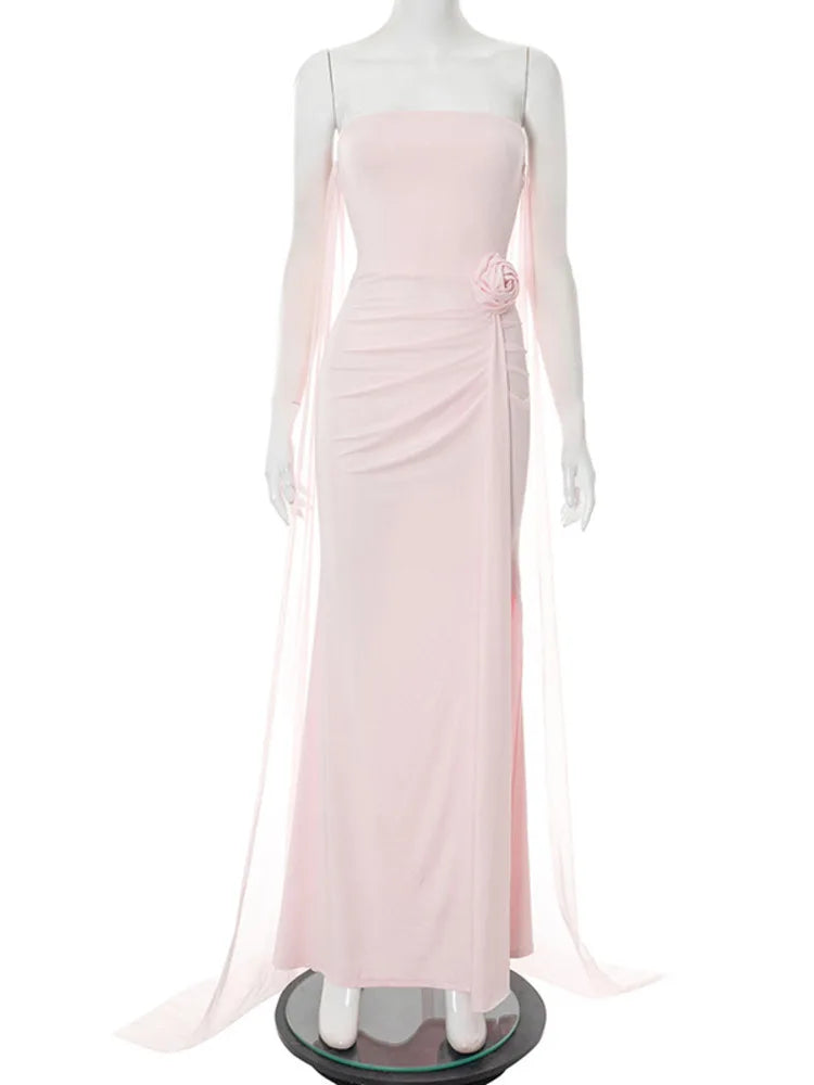 שמלת מקסי סטרפלס בעיצוב שסע ושובל שיפון בעיטור פרח - אנג'לס