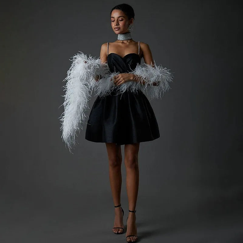 שמלת מיני סאטן בגזרת A כתפיות זרקונים - MIEL