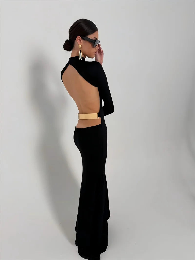 Maxi turtleneck dress with open back and buckle - EINAT