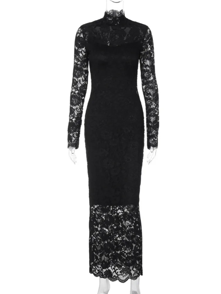 שמלת מקסי תחרה צווארון חצי גולף בשילוב תחתית אטומה - Zahra