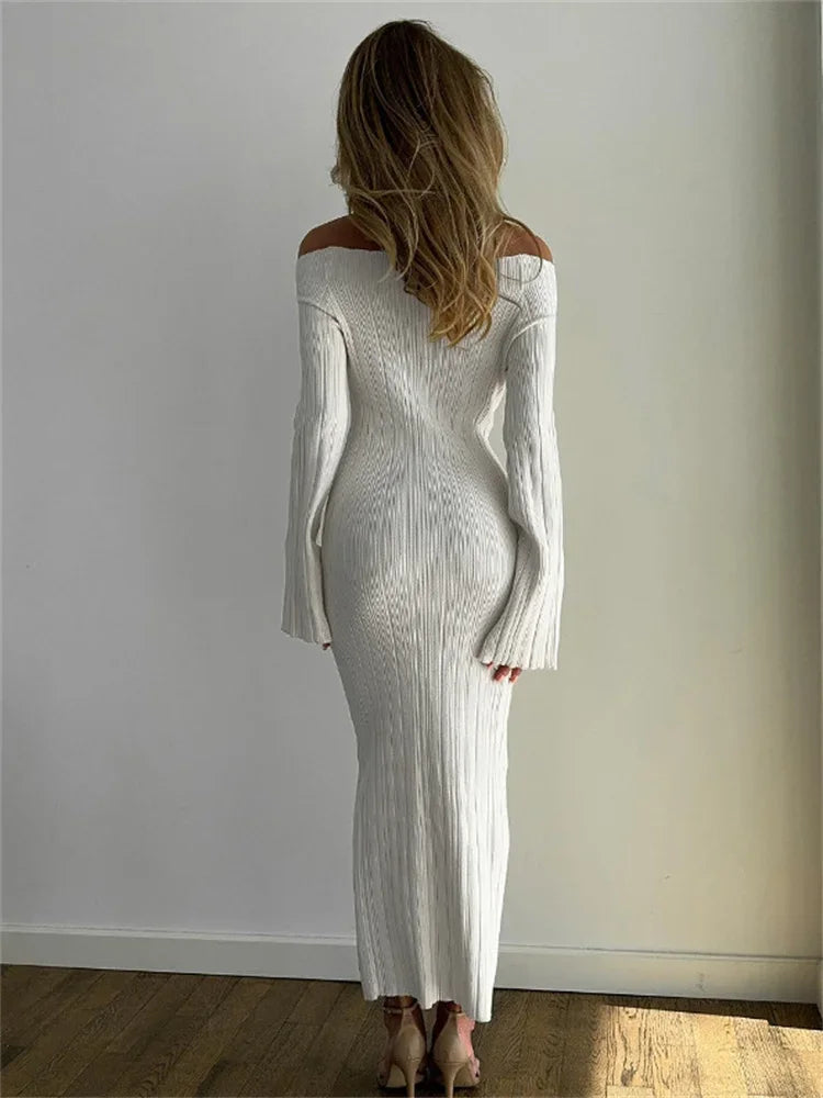 שמלת מקסי סרוגה כתפיים חשופות שרוולי פעמון - סאלין