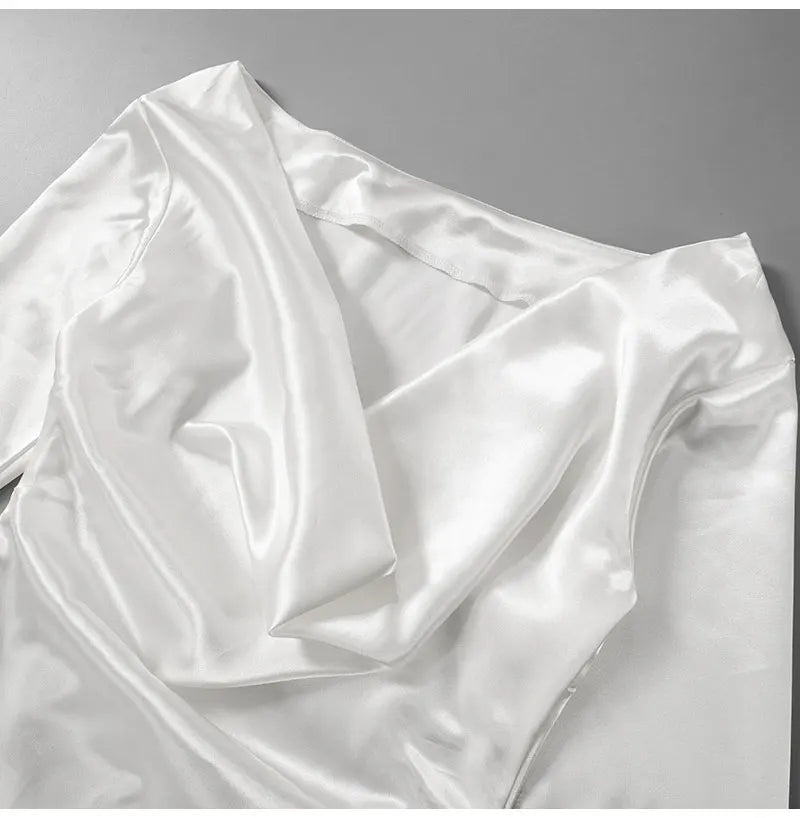 שמלת ערב מקסי סאטן גב פתוח בשילוב שסע ושרוולי פעמון  - מריאן