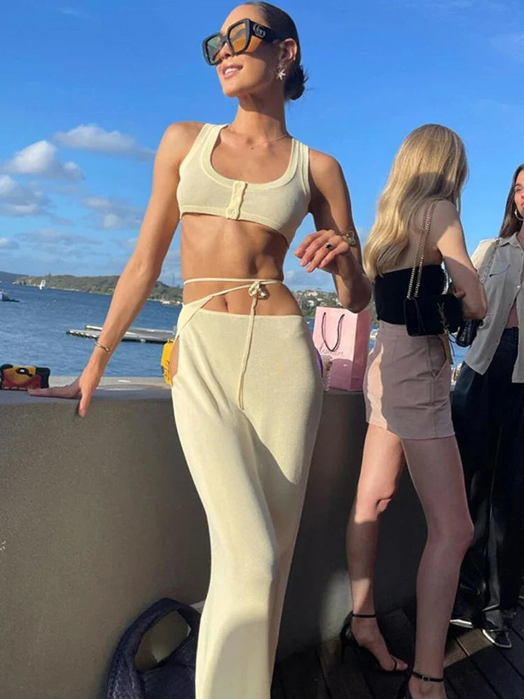 סט שני חלקים סרוג טופ וחצאית מקסי - אלא