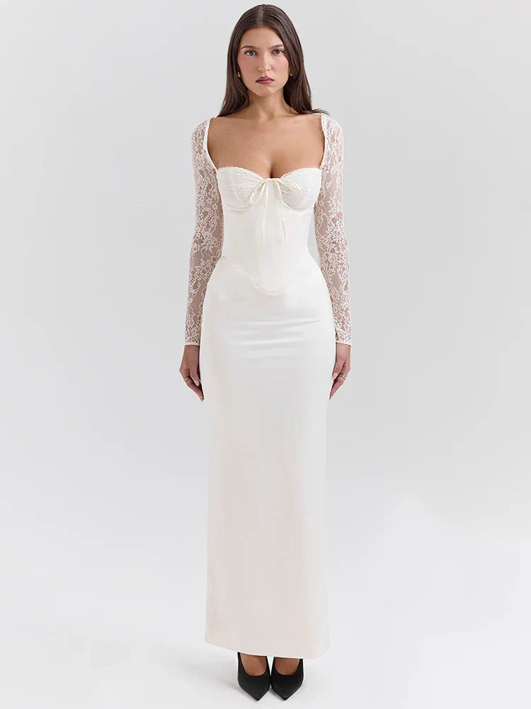 שמלת מקסי סאטן בעיצוב מחוך בעיטור תחרה - ג'ויה