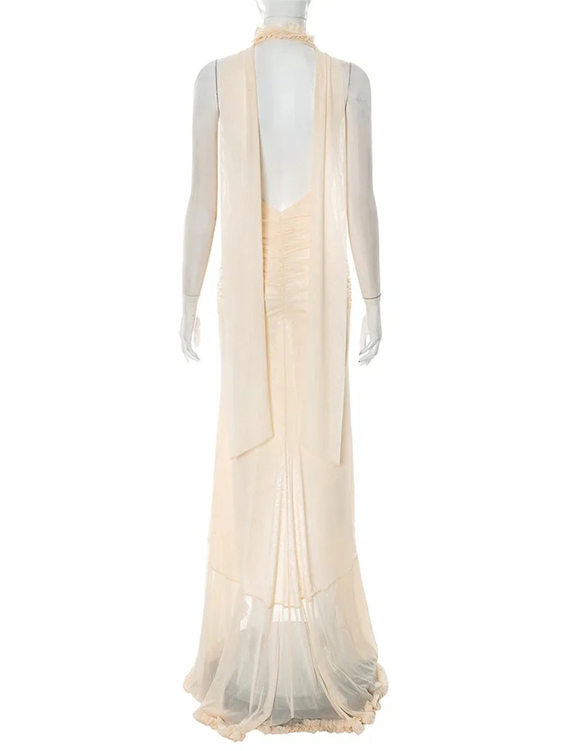 שמלת מקסי שיפון כיווצים מלמלה בעיצוב אסימטרי בעיטור צעיף תואם - מילקה