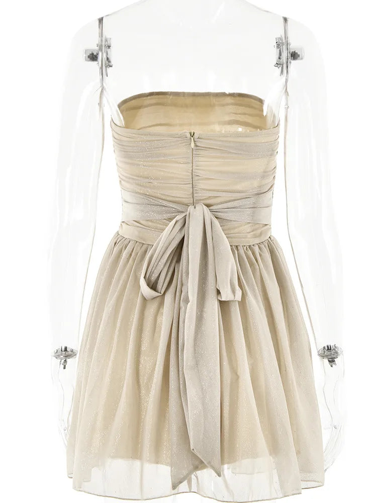 שמלת מיני סטרפלס נצנצים בעיטור קשירה מאחורה - דיימונד