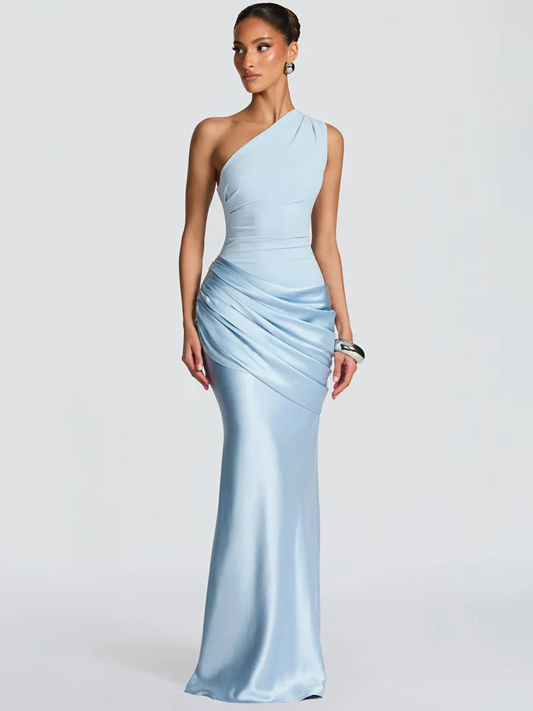 One-shoulder maxi dress with satin skirt and pleats - WENDI
