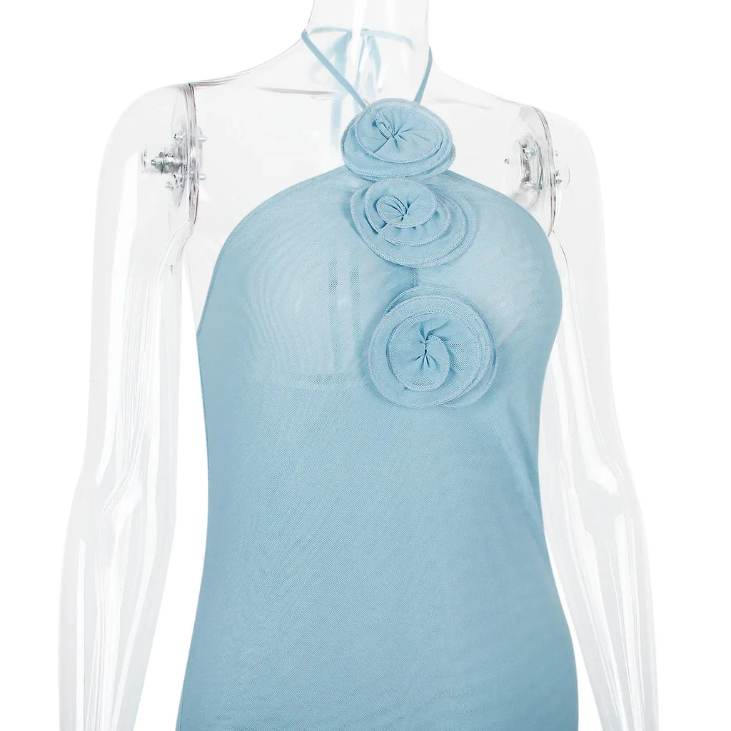 שמלת מקסי שיפון רשת קולר בעיטור פרחים - פלורנסייה