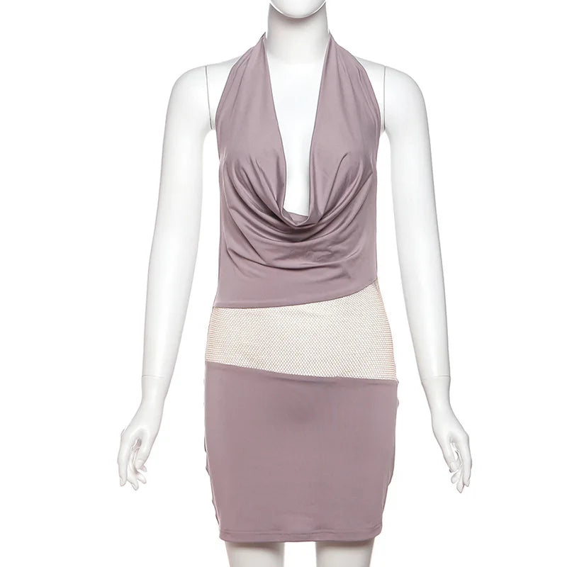 שמלת מיני צווארון נופל בעיצוב רשת זרקונים מנצנצים כיווצים בישבן קשירה בצוואר - Linda