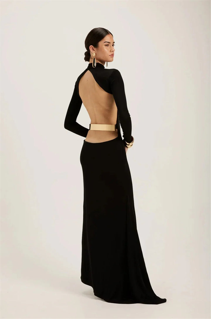 Maxi turtleneck dress with open back and buckle - EINAT