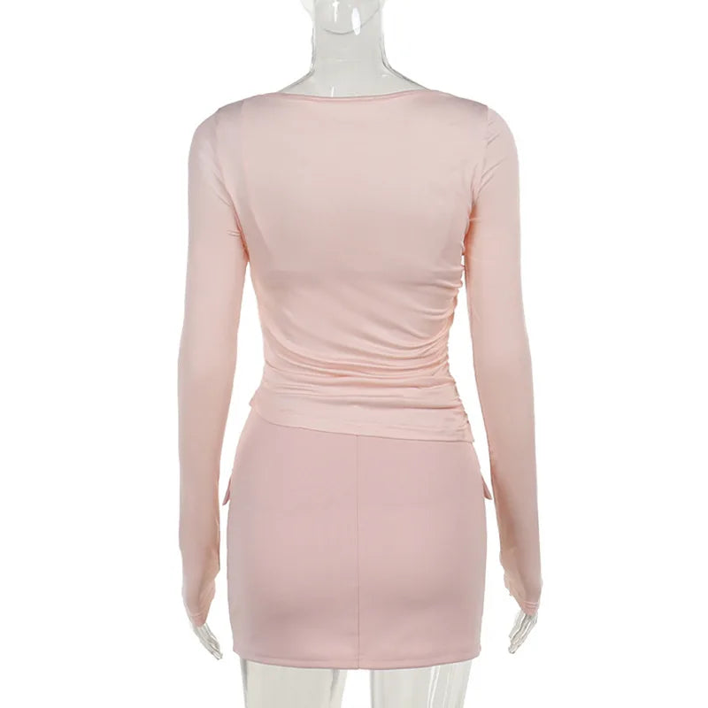 סט 3 חלקים חצאית מיני חולצה וגוזייה צמוד בעיטור כיסים - פרל