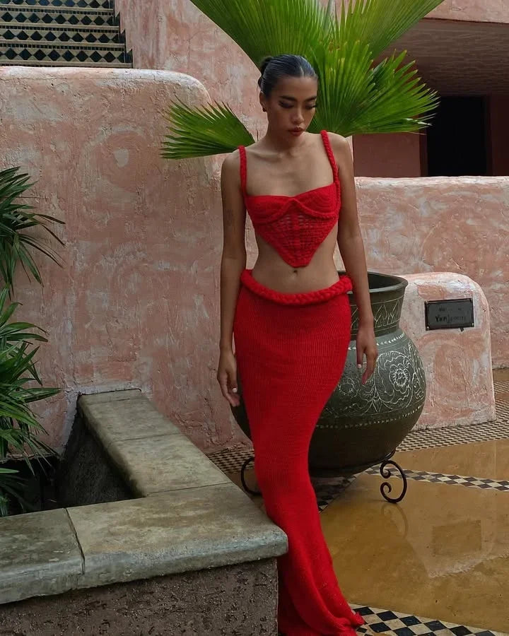 סט חוף סרוג שני חלקים טופ וחצאית מקסי - Aqua