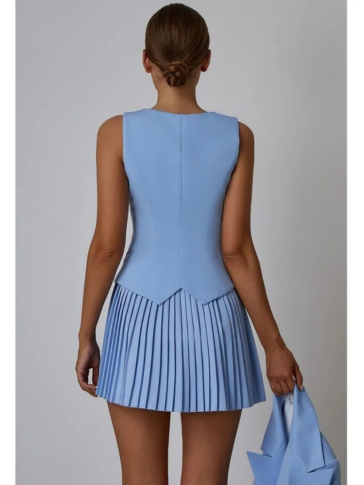 סט שני חלקים מחויט חצאית מיני קיפולים ווסט כפתורים - Jacqueline