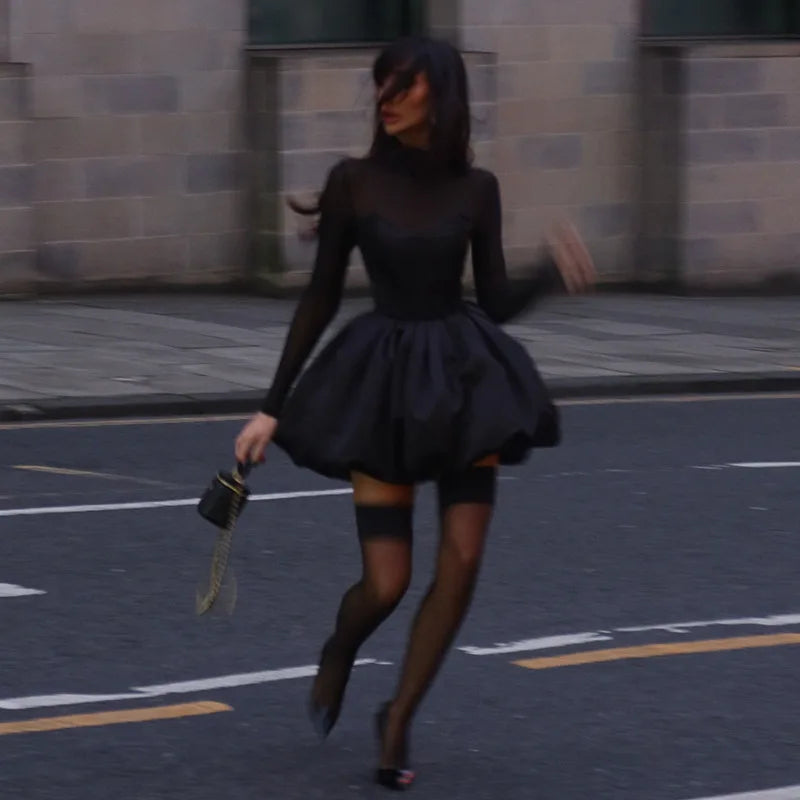 שמלת מיני בלון סאטן בעיצוב רשת צווארון חצי גולף - מורין