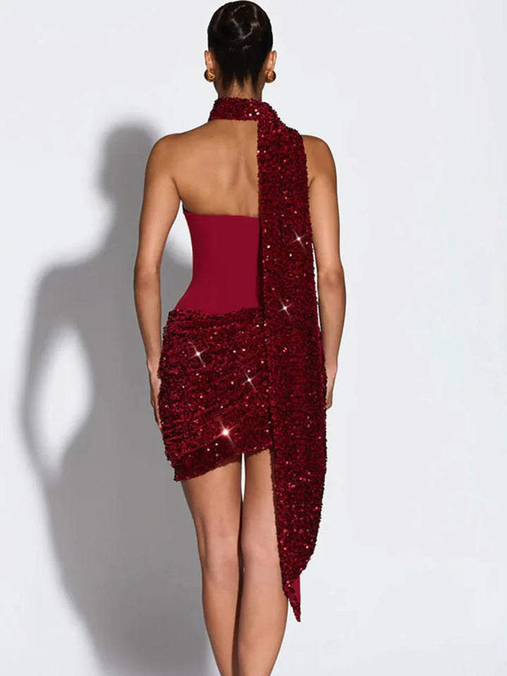 Sequin mini dress with scarf decoration - GIGI