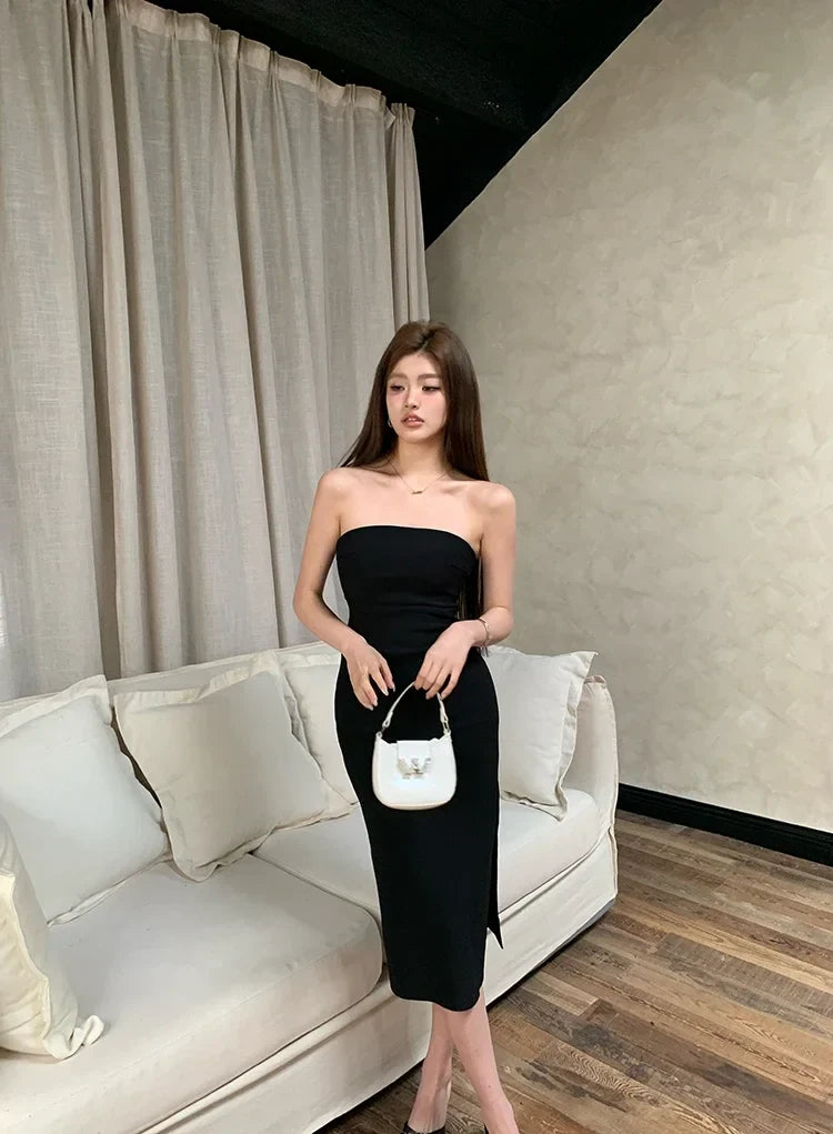 שמלת מידי סטרפלס אלגנטית בעיטור שסע - קורל