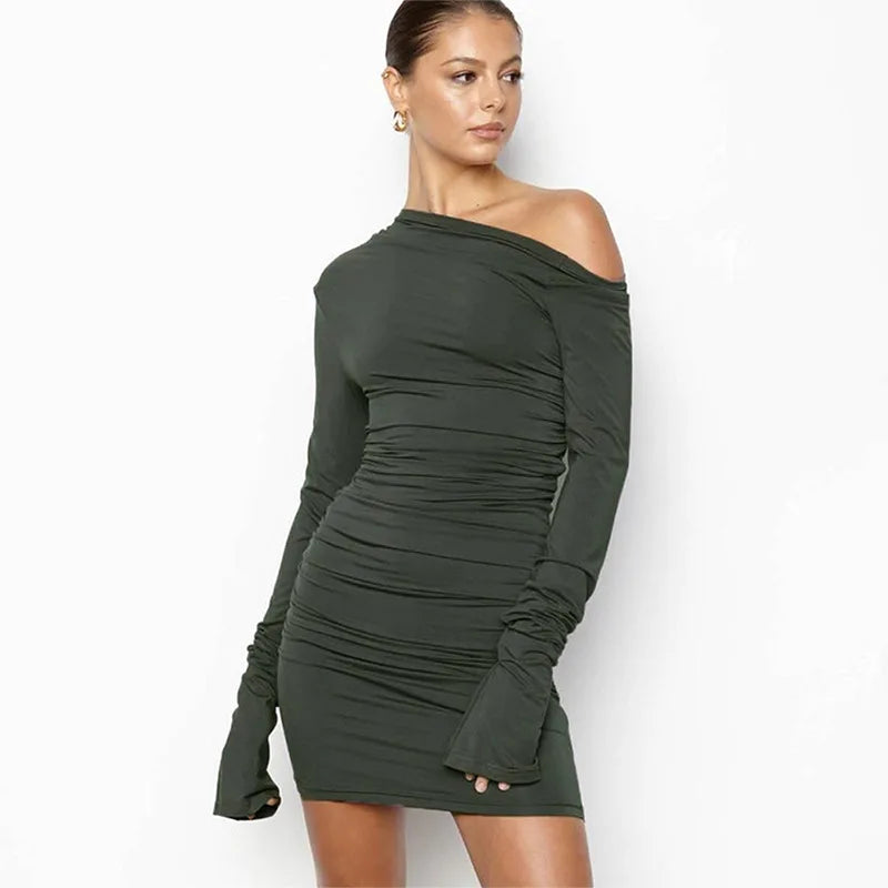 שמלת מיני כיווצים שרוול ארוך צוואר אסימטרי - לונר