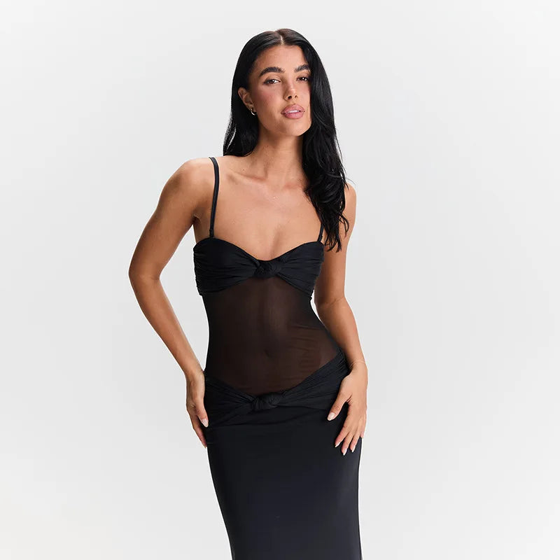 שמלת מקסי כתפיות נשלפות בעיצוב כיווצים ורשת - Blair