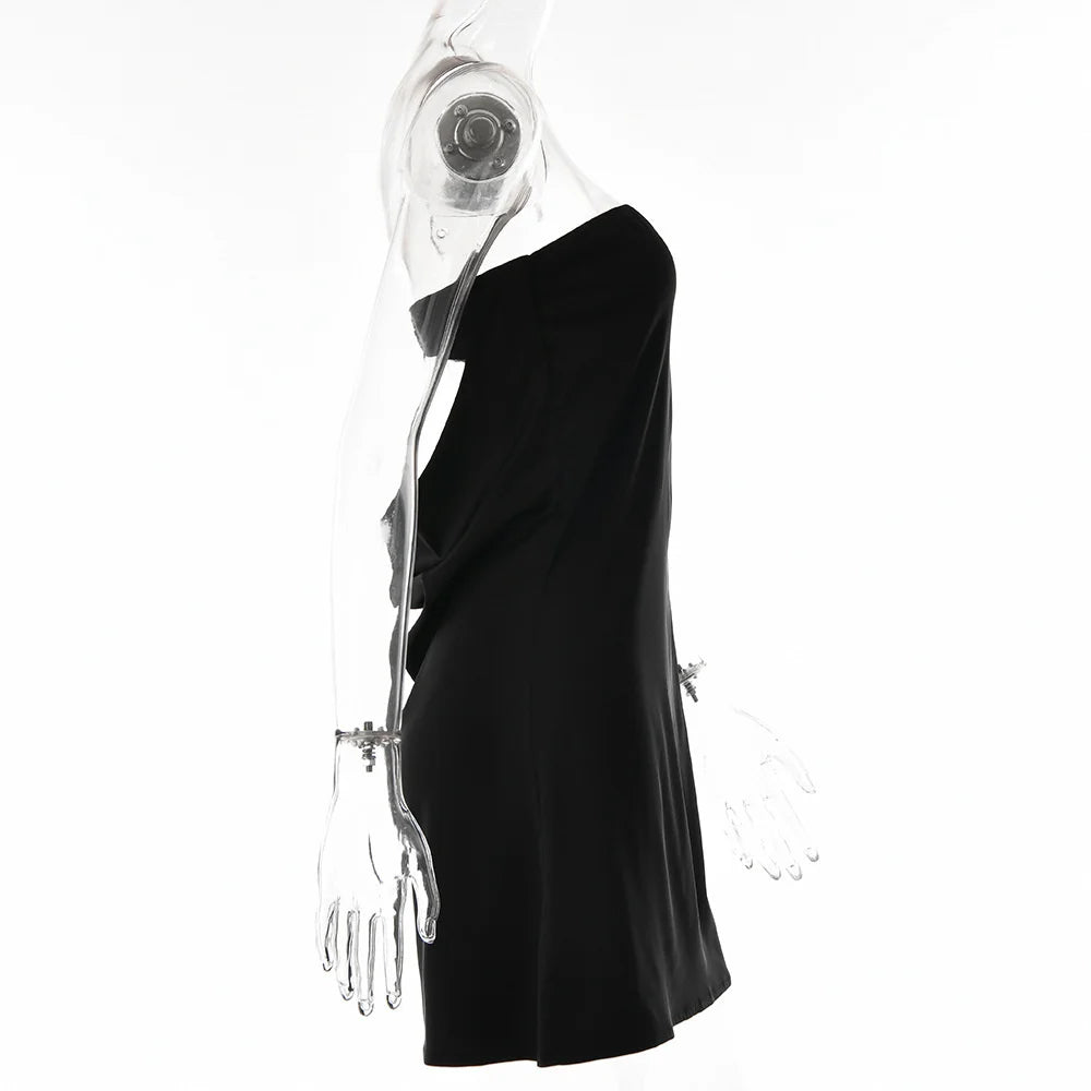 שמלת מיני סטרפלס סאטן - סקיי