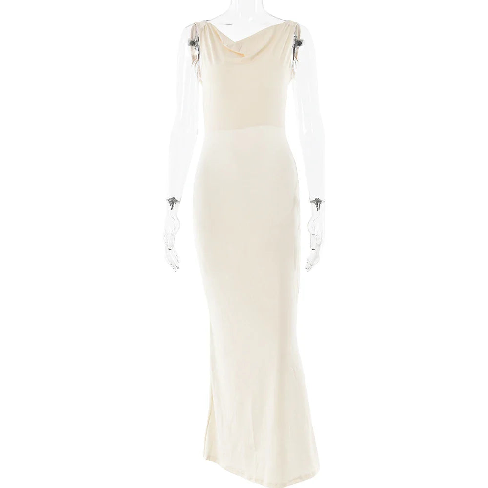 שמלת מקסי צמודה בגזרת בת ים גב פתוח מחשוף נופל - קרי