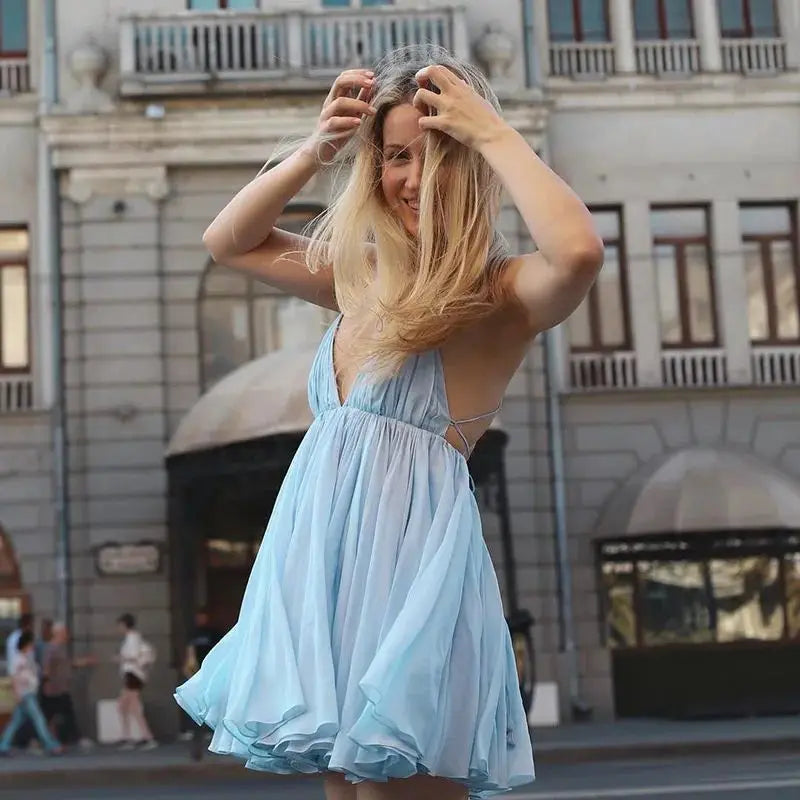 שמלת מיני שיפון מלמלה קשירות בגב - טולום