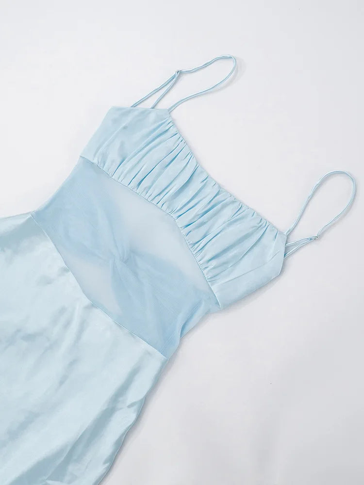 שמלת מקסי סאטן בעיטור רשת וצעיף תואם - סלסטה