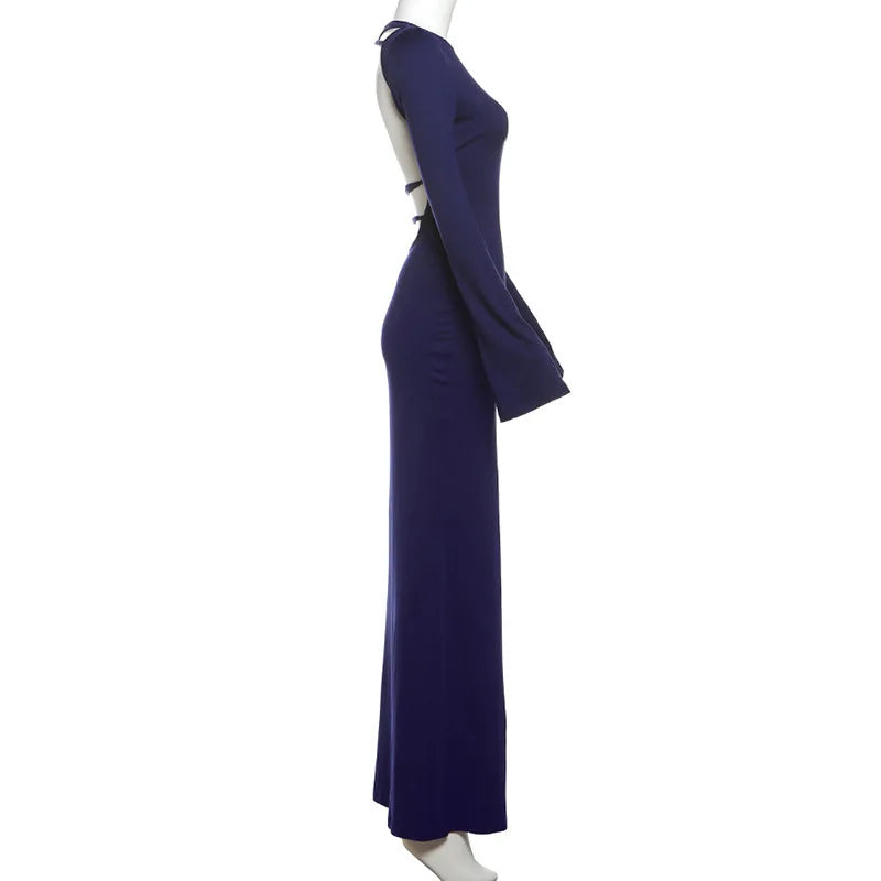 שמלת מקסי גב פתוח שרוולי פעמון - בלוברי