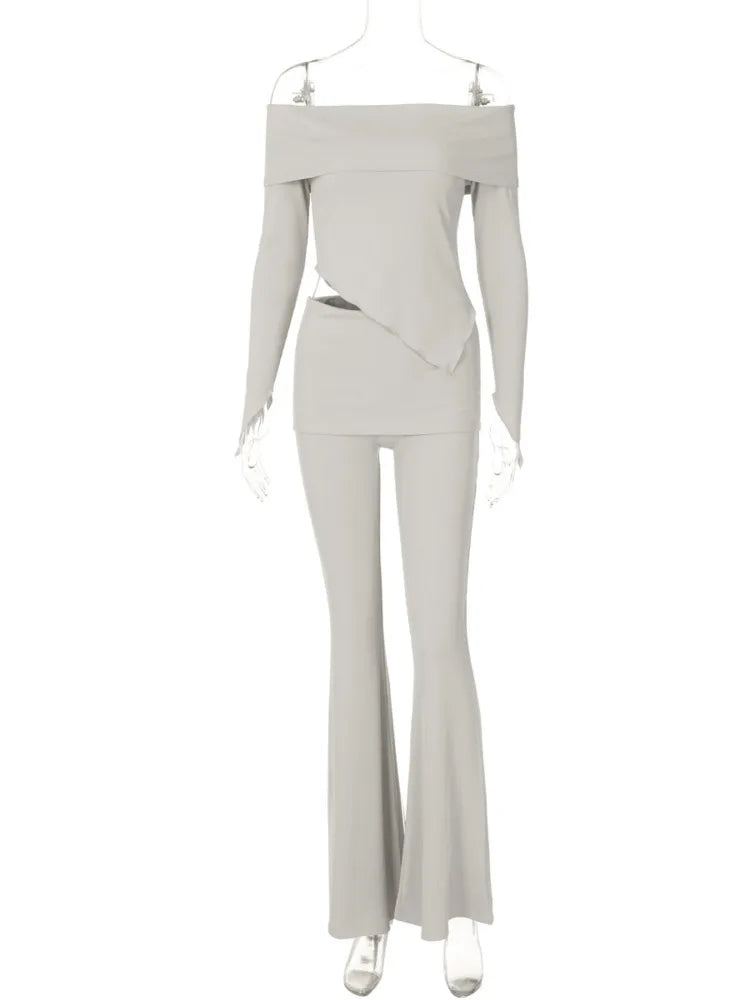 חליפת שני חלקים סרוגה חולצת כתפיים חשופות בגזרה אסימטרית ומכנסיים ארוכים - ROZIE