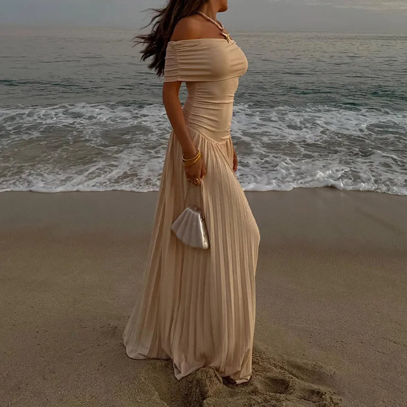 שמלת מקסי סרוגה כיווצים אלגנטית כתפיים חשופות - אלינור