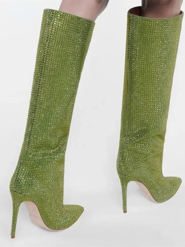 מגפי עקב שפיץ גבוהים בעיצוב זרקונים מנצנצים - Josie