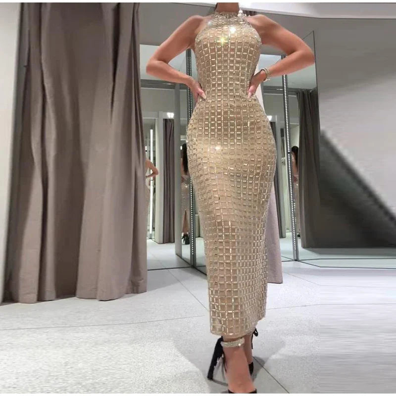 Strapless top/mini skirt/maxi dress/maxi dress with sparkling rhinestones