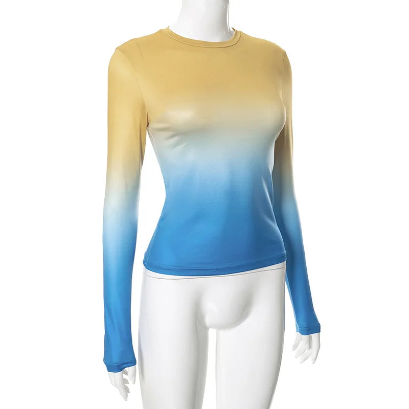 חולצת סתיו דקה שרוולים ארוכים בעיצוב אומברה צבעים - סייאנה