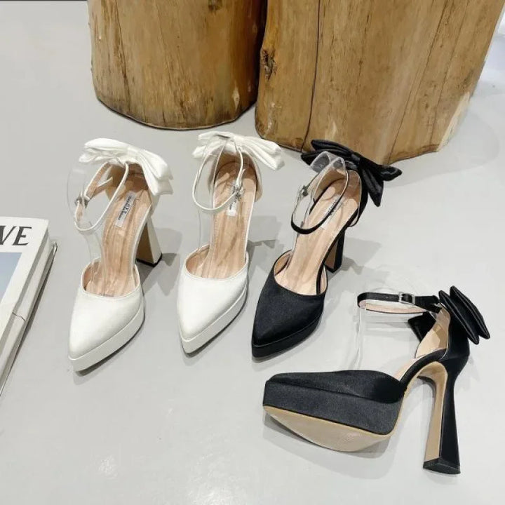 Satin Platform Heel Shoes with Bow Decoration - Doli