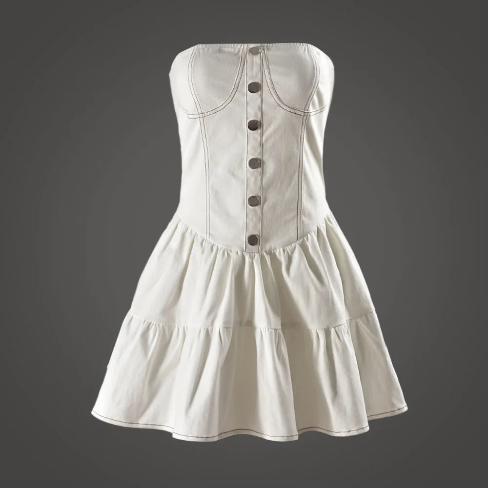 שמלת מיני סטרפלס מלמלה בד ג'ינס - שיראל