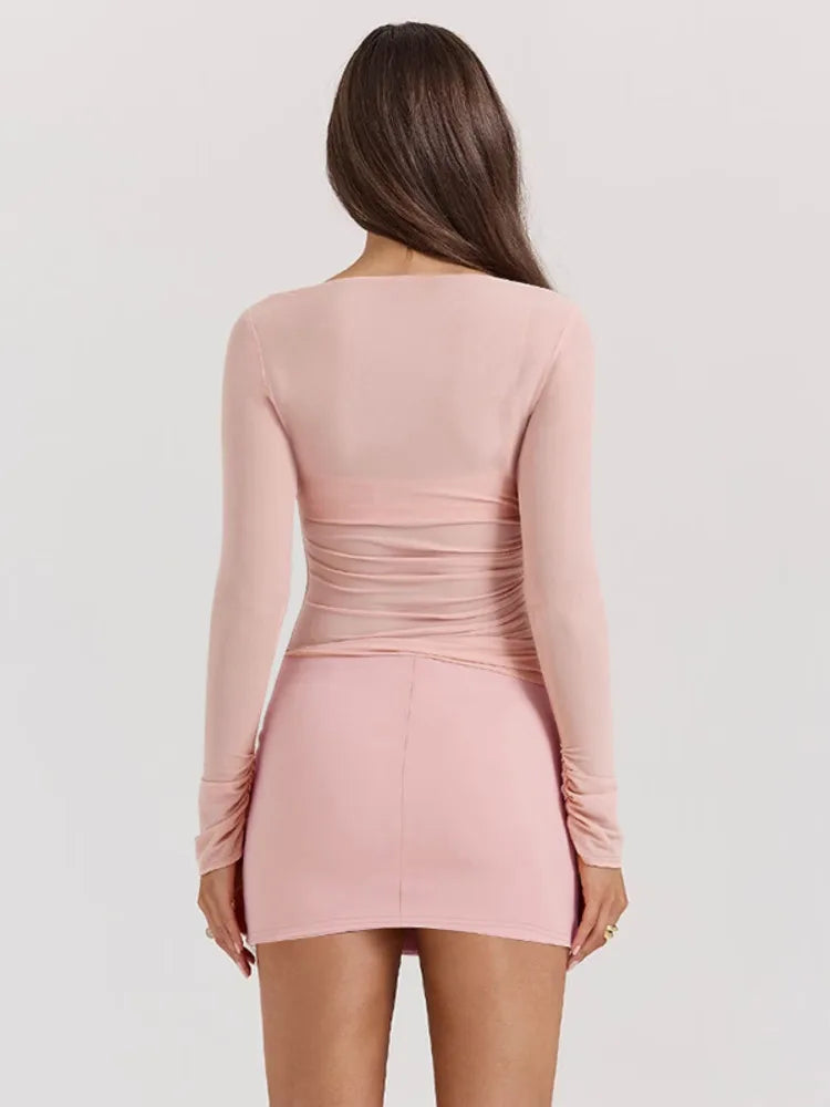 סט 3 חלקים חצאית מיני חולצה וגוזייה צמוד בעיטור כיסים - פרל