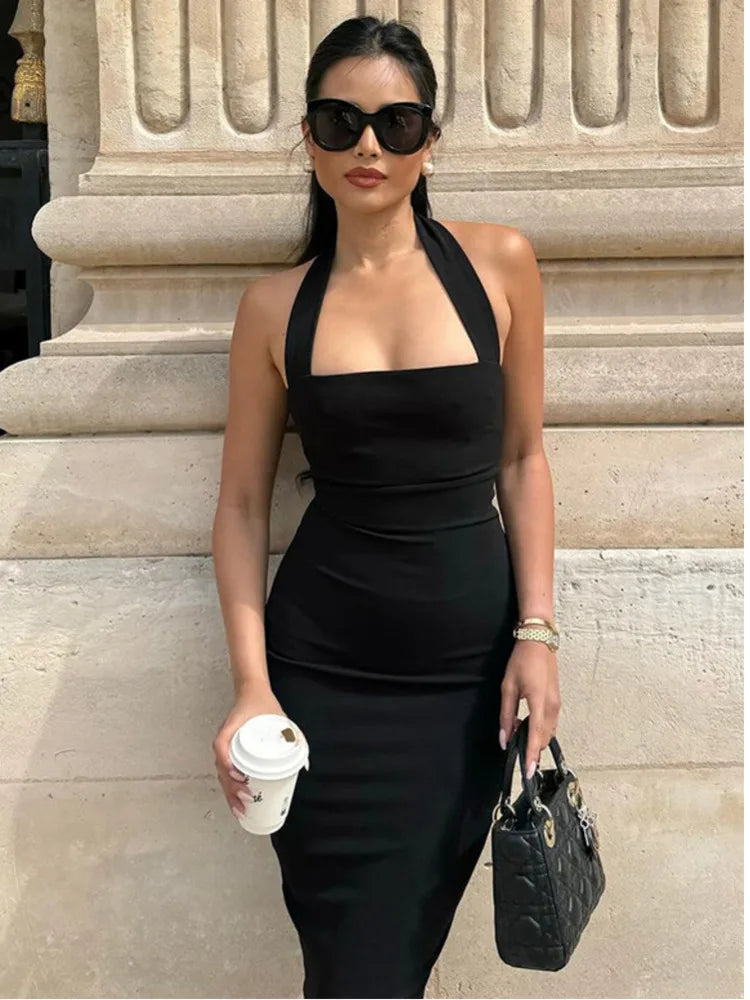 שמלת מידי צמודה בד מחטב גב פתוח - Paislee