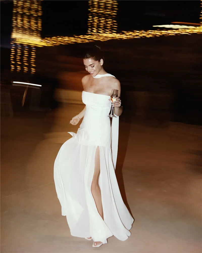 שמלת מקסי סטרפלס חלק תחתון שיפון בעיצוב שסע בעיטור צעיף תואם - Princess