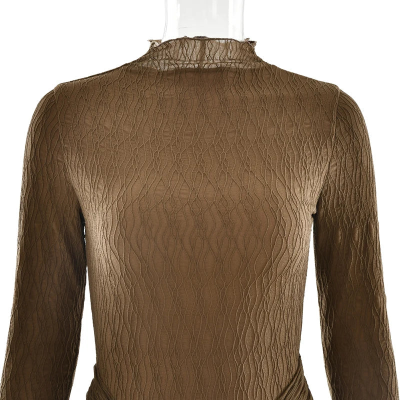 שמלת מקסי כיווצים בעיטור קשירה צווארון גולף - הלסי