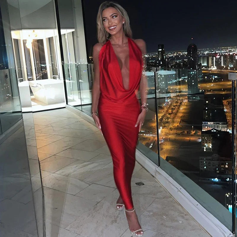 שמלת מקסי סאטן צווארון נופל גב פתוח - HOTIE