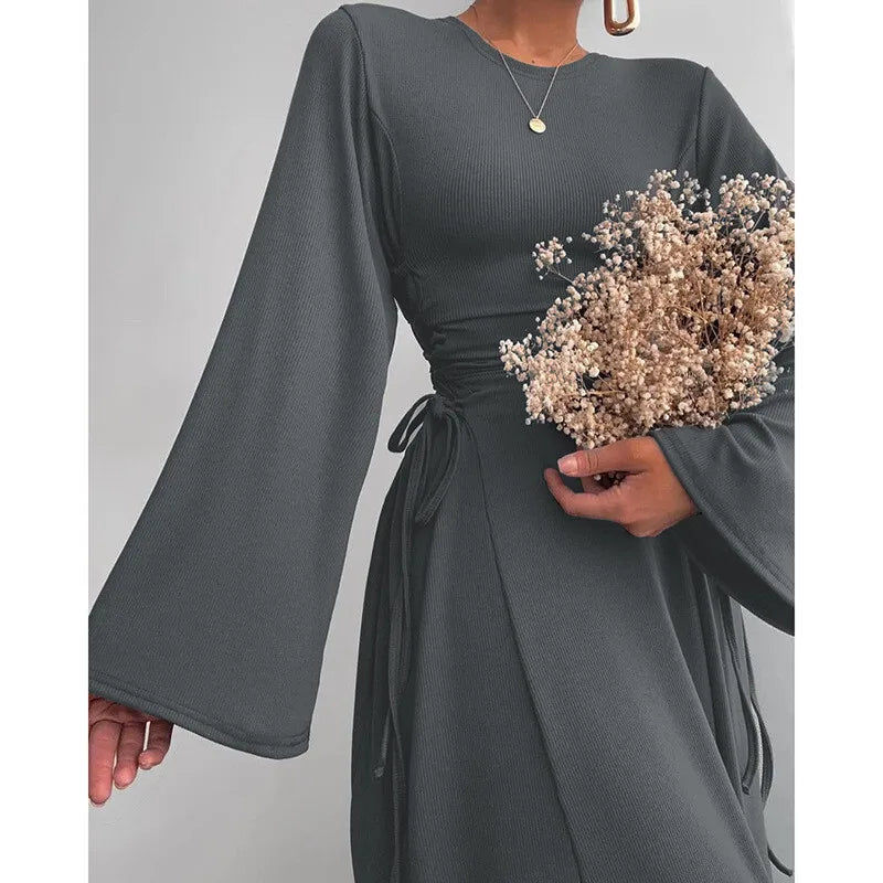 שמלת מקסי סרוגה צנועה בגזרת A קשירות במותן - לירי