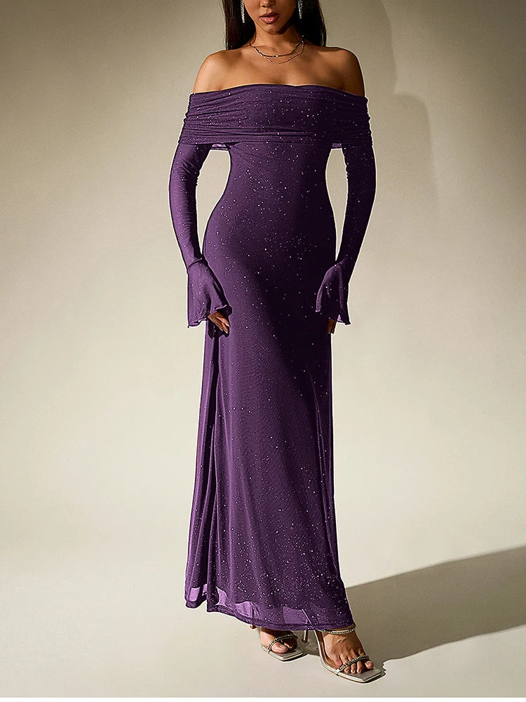 שמלת מקסי נצנצים בעיצוב כתפיים חשופות שרוולי פעמון - מרגריטה