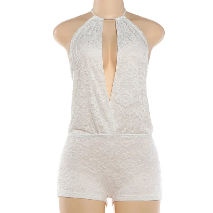 Short lace jumpsuit with a neck tie and open back - Lis